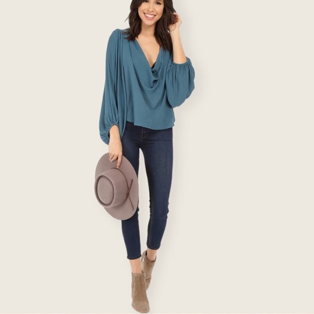 EUC | Free People | Silky Cowl Oversized Balloon Sleeve Blouse | Jade | Small